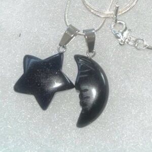 Natural Blue Goldstone Star ⭐️ and Onyx Moon 🌙 Sterling Silver 24” Ne…